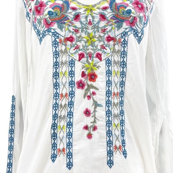 BIYA by JOHNNY WAS Floral Embroidered White Keyhole Neck 100% Cotton Tunic Sz S - Picture 3 of 10